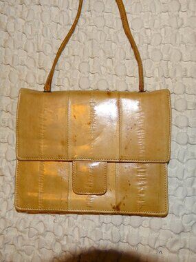 Vintage 80s Genuine Eel Skin Crossbody Bag Tan Camel Flap Mini Purse With Mirror